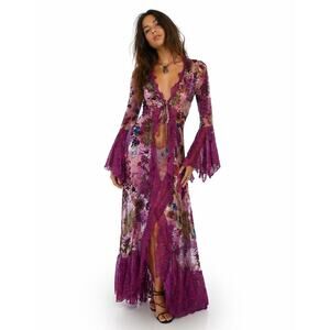 Current Mood Floral Duster Kimono XXS Boho Bell Sleeve Lace Trim Maxi festival